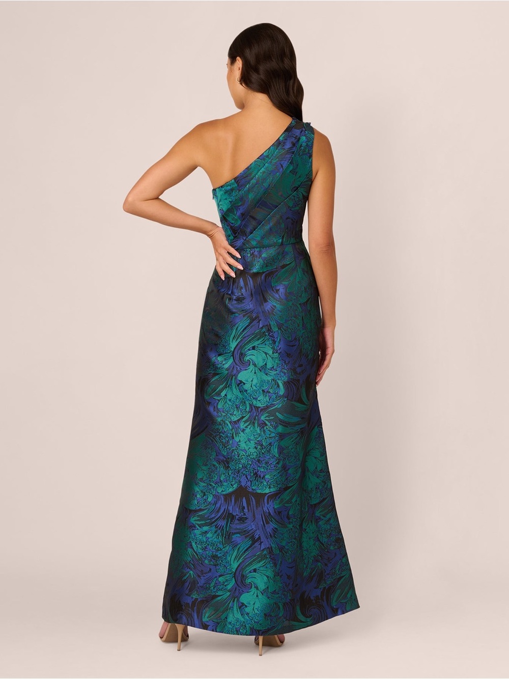 Adrianna Papell One-Shoulder Emerald & Navy Jacquard Gown - Picture 5 of 8